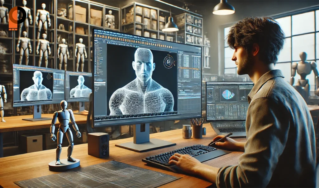 استودیو انیمیشنسازی سهبعدی با انیماتوری که در حال طراحی کاراکتر در نرمافزار Maya است. مانیتورها نمایشگر مدلهای سهبعدی، تایملاین انیمیشن و رندر نهایی هستند.