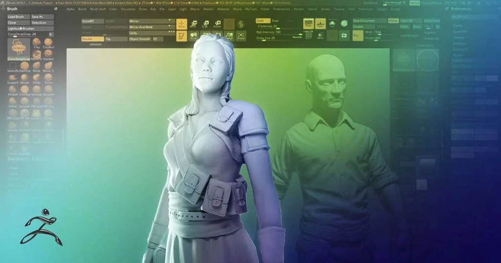 تصویری از محیط نرمافزار زیبراش (ZBrush) با ابزارهای دیجیتال مجسمهسازی و طراحی سهبعدی برای خلق مدلهای دقیق و حرفهای