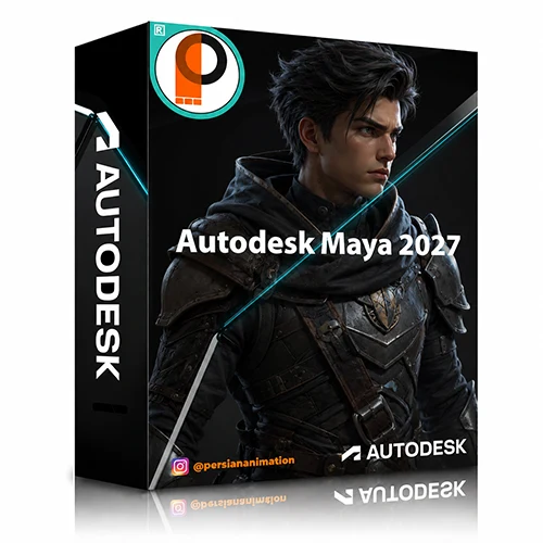 تصویر شاخص نرم‌افزار Autodesk Maya 2027 با طراحی سه‌بعدی جعبه محصول، شامل کاراکتر سه‌بعدی حرفه‌ای با زره تیره، نورپردازی سینمایی، لوگوی Autodesk و طراحی مدرن مناسب آموزش انیمیشن سه‌بعدی، مدل‌سازی، ریگ، رندرینگ و جلوه‌های ویژه.